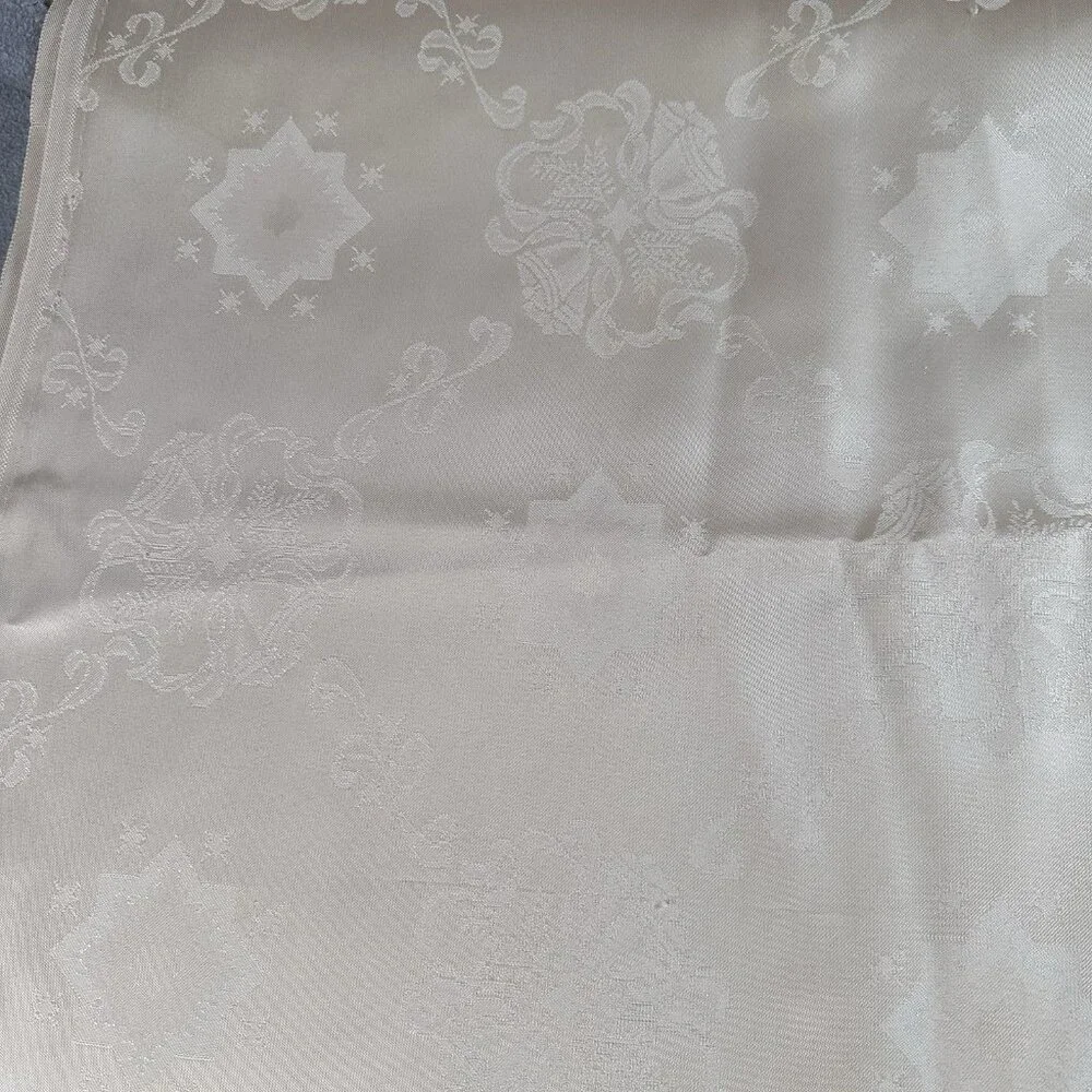 Vintage Cream Satin Damask Tablecloth 70 x 54 Floral Star Pattern